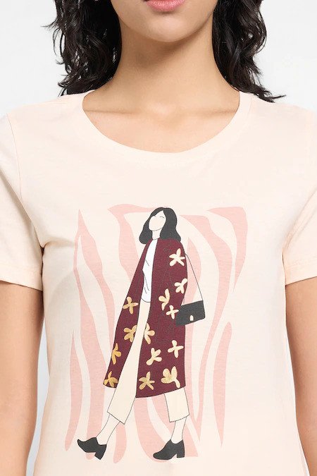 Peach Printed Casual Half Sleeves T-shirt