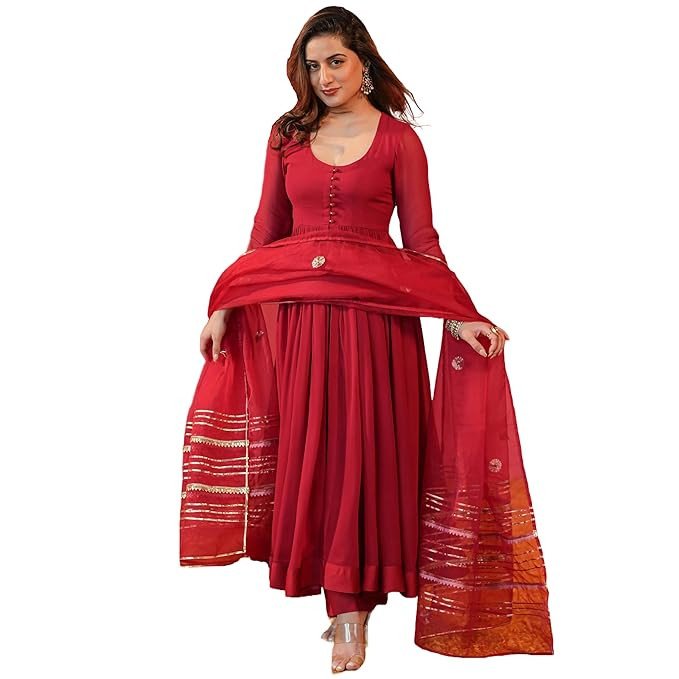 Women's Rayon Blend Anarkali Solid Kurta with Pant & Dupatta