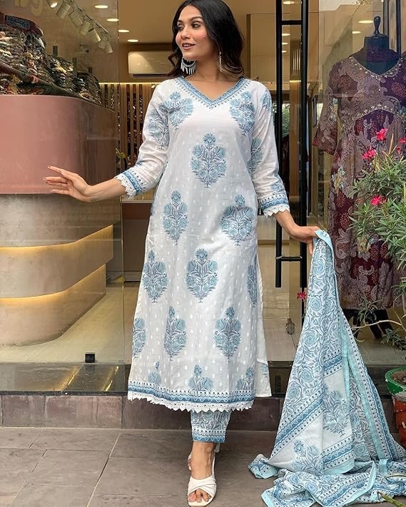 Women Cotton Block Printed Kurta Pant With Dupatta